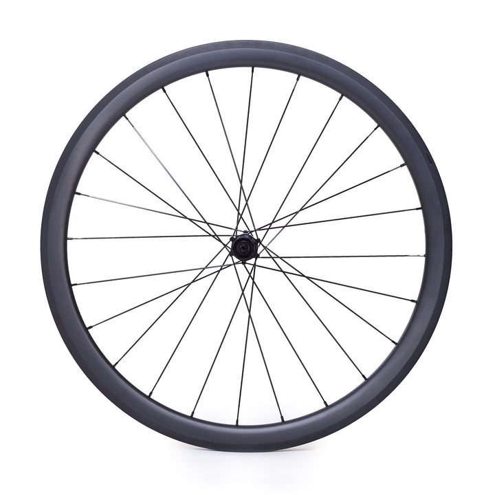 Rueda de carbono de 40 mm para freno de zapata, vista frontal, llanta tubeless ready de 20 mm internos