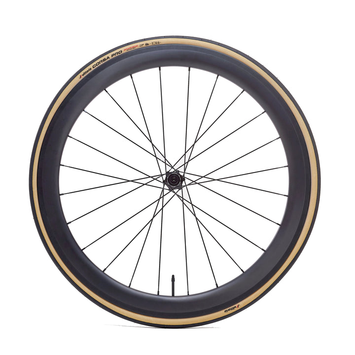 Rueda de carbono de 50 mm para freno de zapata, vista frontal, llanta tubeless ready de 20 mm internos